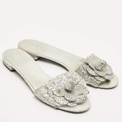 Chanel Silver Glitter and Leather Camellia Flat Slide Sandals Size 39.5