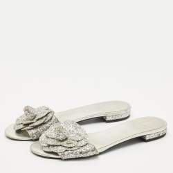 Chanel Silver Glitter and Leather Camellia Flat Slide Sandals Size 39.5