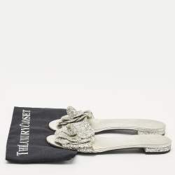 Chanel Silver Glitter and Leather Camellia Flat Slide Sandals Size 39.5
