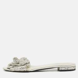 Chanel Silver Glitter and Leather Camellia Flat Slide Sandals Size 39.5