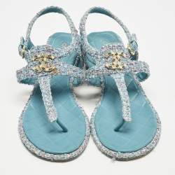 Chanel Multicolor Leather and Tweed CC Thong Sandals Size 39