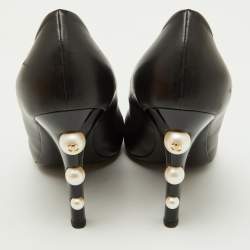 Chanel Black Leather Cap Toe CC Pearl Embellished Heels Pumps Size 39.5