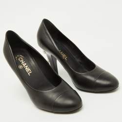 Chanel Black Leather Cap Toe CC Pearl Embellished Heels Pumps Size 39.5