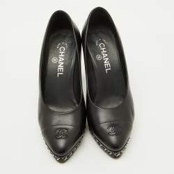 Chanel Black Leather CC Cap Toe Chain Detail Platform Pumps Size 38