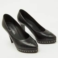 Chanel Black Leather CC Cap Toe Chain Detail Platform Pumps Size 38