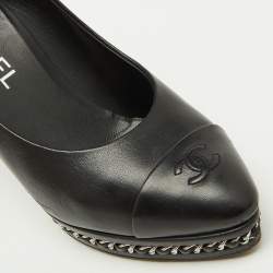 Chanel Black Leather CC Cap Toe Chain Detail Platform Pumps Size 38