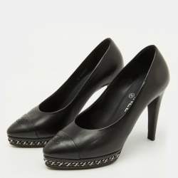 Chanel Black Leather CC Cap Toe Chain Detail Platform Pumps Size 38