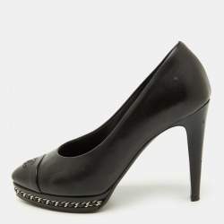 Chanel Black Leather CC Cap Toe Chain Detail Platform Pumps Size 38