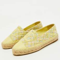 Chanel Yellow Leather and Tweed CC Cap Toe Espadrille Flats Size 36