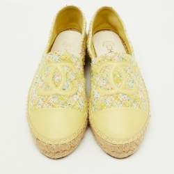 Chanel Yellow Leather and Tweed CC Cap Toe Espadrille Flats Size 36