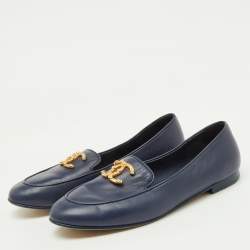 Pre Owned Chanel Navy Blue Leather CC Logo Slip On Loafers Size 40
