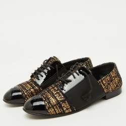 Chanel Black/Gold Tweed and Patent CC Cap Toe Lace Up Derby Size 39.5