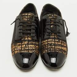 Chanel Black/Gold Tweed and Patent CC Cap Toe Lace Up Derby Size 39.5