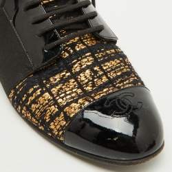 Chanel Black/Gold Tweed and Patent CC Cap Toe Lace Up Derby Size 39.5