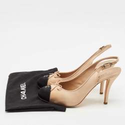 Chanel Beige/Black Satin CC Slingback Pumps Size 39.5