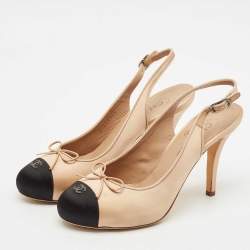 Chanel Beige/Black Satin CC Slingback Pumps Size 39.5