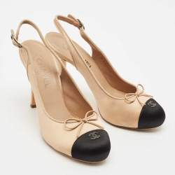 Chanel Beige/Black Satin CC Slingback Pumps Size 39.5