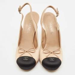 Chanel Beige/Black Satin CC Slingback Pumps Size 39.5