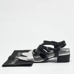 Chanel Black & Silver Leather and Watersnake Skin Slingback Sandals Size 41.5