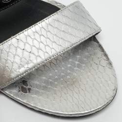 Chanel Black & Silver Leather and Watersnake Skin Slingback Sandals Size 41.5