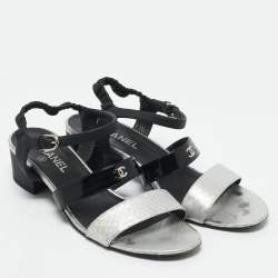 Chanel Black & Silver Leather and Watersnake Skin Slingback Sandals Size 41.5