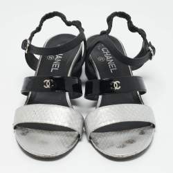 Chanel Black & Silver Leather and Watersnake Skin Slingback Sandals Size 41.5