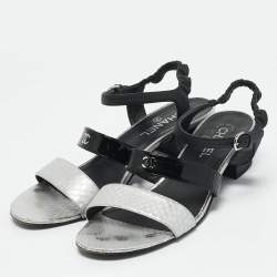 Chanel Black & Silver Leather and Watersnake Skin Slingback Sandals Size 41.5