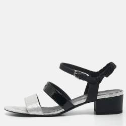Chanel Black & Silver Leather and Watersnake Skin Slingback Sandals Size 41.5