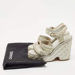 مملوكة مسبقًا Chanel Silver Leather Platform Ankle Strap Sandals Size 38