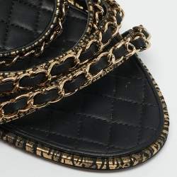 Pre Owned Chanel Gold/Black Leather Chain Detail Ankle Strap Sandals Size 40.5