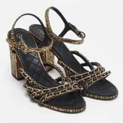 Pre Owned Chanel Gold/Black Leather Chain Detail Ankle Strap Sandals Size 40.5