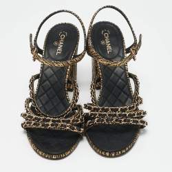 Pre Owned Chanel Gold/Black Leather Chain Detail Ankle Strap Sandals Size 40.5
