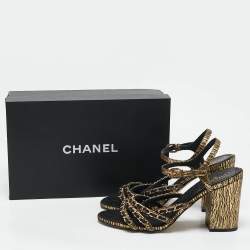 Pre Owned Chanel Gold/Black Leather Chain Detail Ankle Strap Sandals Size 40.5