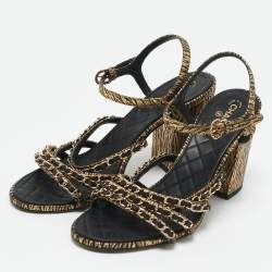 Pre Owned Chanel Gold/Black Leather Chain Detail Ankle Strap Sandals Size 40.5