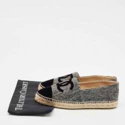 Chanel Grey/Black Wool and Velvet CC Cap Toe Espadrille Flats Size 40