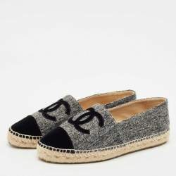 Chanel Grey/Black Wool and Velvet CC Cap Toe Espadrille Flats Size 40