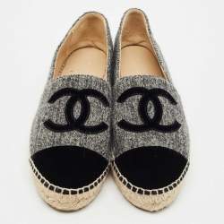 Chanel Grey/Black Wool and Velvet CC Cap Toe Espadrille Flats Size 40