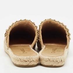 Pre Owned Chanel Metallic Gold/Black Quilted Leather CC Chain Link Espadrille Flat Mules Size 41