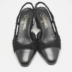 Chanel Black Leather and Tweed CC Cap Toe Slingback Pumps Size 37