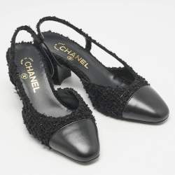 Chanel Black Leather and Tweed CC Cap Toe Slingback Pumps Size 37