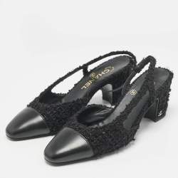 Chanel Black Leather and Tweed CC Cap Toe Slingback Pumps Size 37