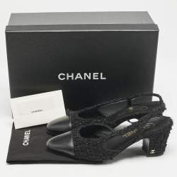 Chanel Black Leather and Tweed CC Cap Toe Slingback Pumps Size 37