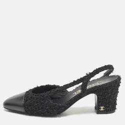 Chanel Black Leather and Tweed CC Cap Toe Slingback Pumps Size 37