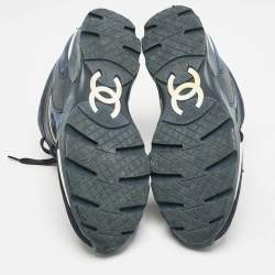 Chanel Navy Blue Leather and Fabric CC Low Top Sneakers Size 40