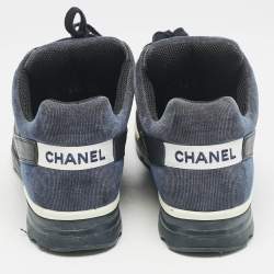Chanel Navy Blue Leather and Fabric CC Low Top Sneakers Size 40