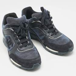 Chanel Navy Blue Leather and Fabric CC Low Top Sneakers Size 40