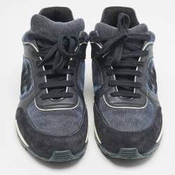 Chanel Navy Blue Leather and Fabric CC Low Top Sneakers Size 40