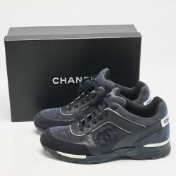 Chanel Navy Blue Leather and Fabric CC Low Top Sneakers Size 40