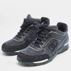 Chanel Navy Blue Leather and Fabric CC Low Top Sneakers Size 40