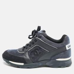Chanel Navy Blue Leather and Fabric CC Low Top Sneakers Size 40